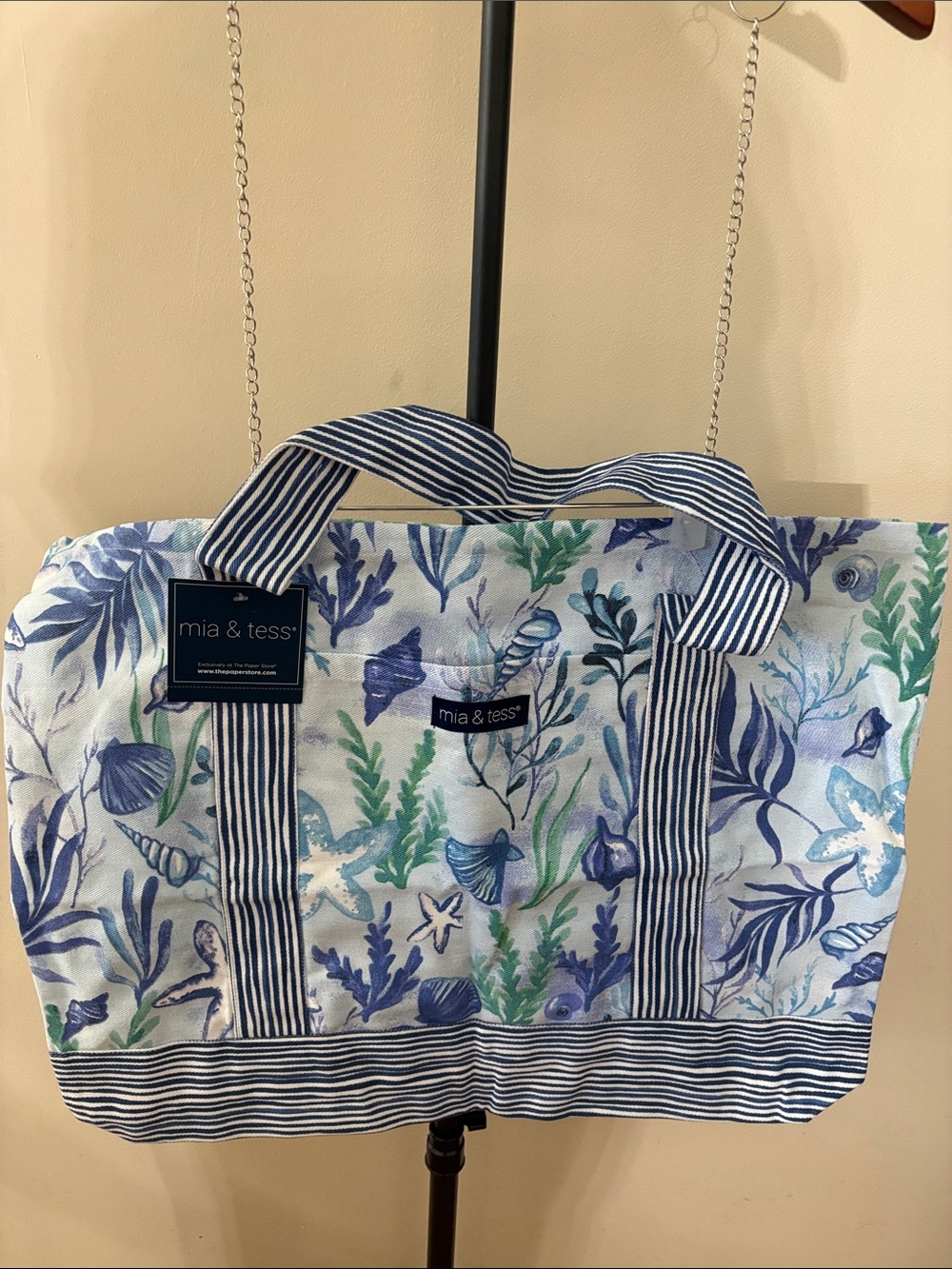 Blue Floral Striped Canvas Tote Bag
